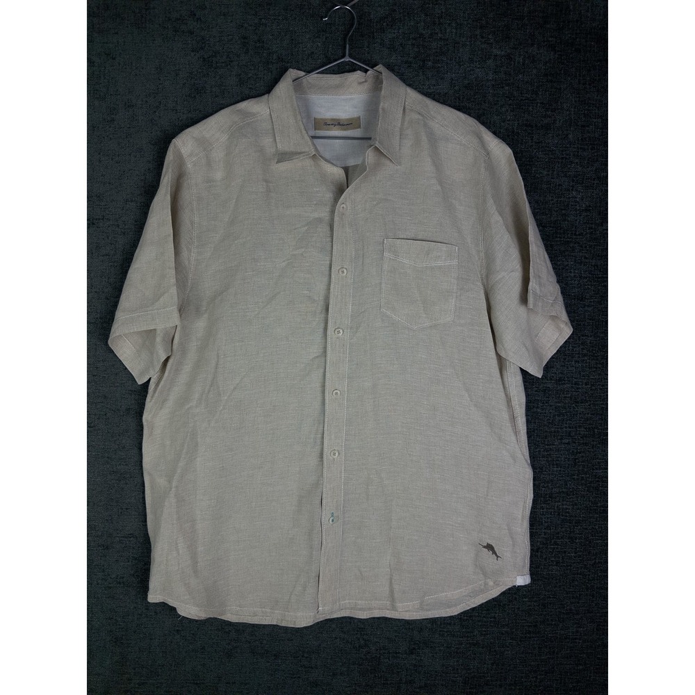 Tommy Bahama‎ Linen Shirt Mens L Tan Hawaiian Vacations Resort Short Sleeve